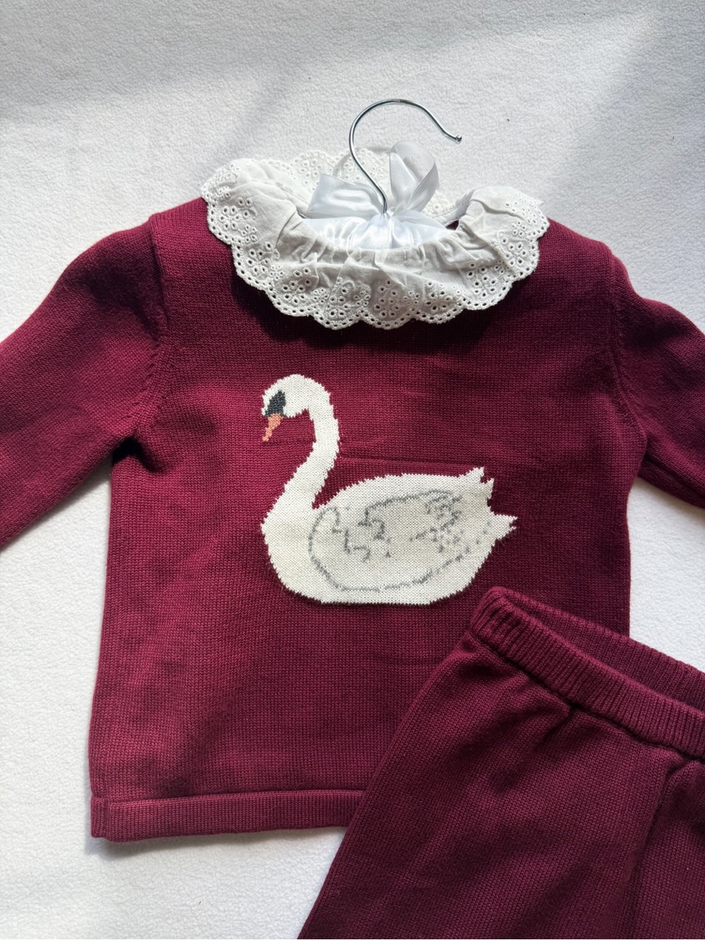 Edgehill Collection 100% Cotton Burgundy Knit Swan Knit Set with White Lace - Picture 2 of 3